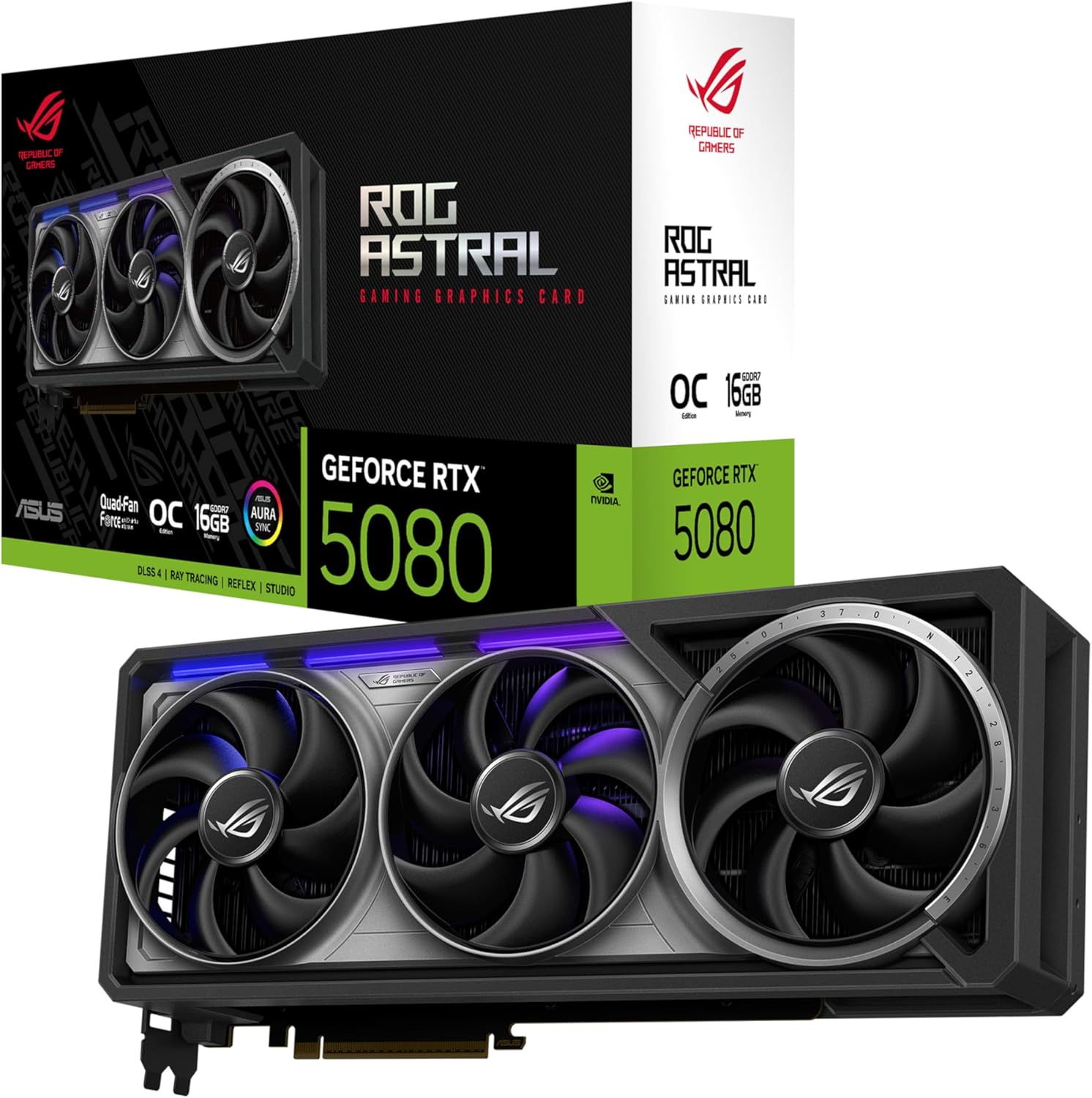 ASUS ROG Astral NVIDIA GeForce RTX™ 5080 16GB GDDR7 OC Edition ゲーミンググラフィックスカード (PCIe® 5.0、HDMI®/DP 2.1、3.8スロット、4ファンデザイン、Axial-techファン、特許取得済みベーパーチャンバー)。