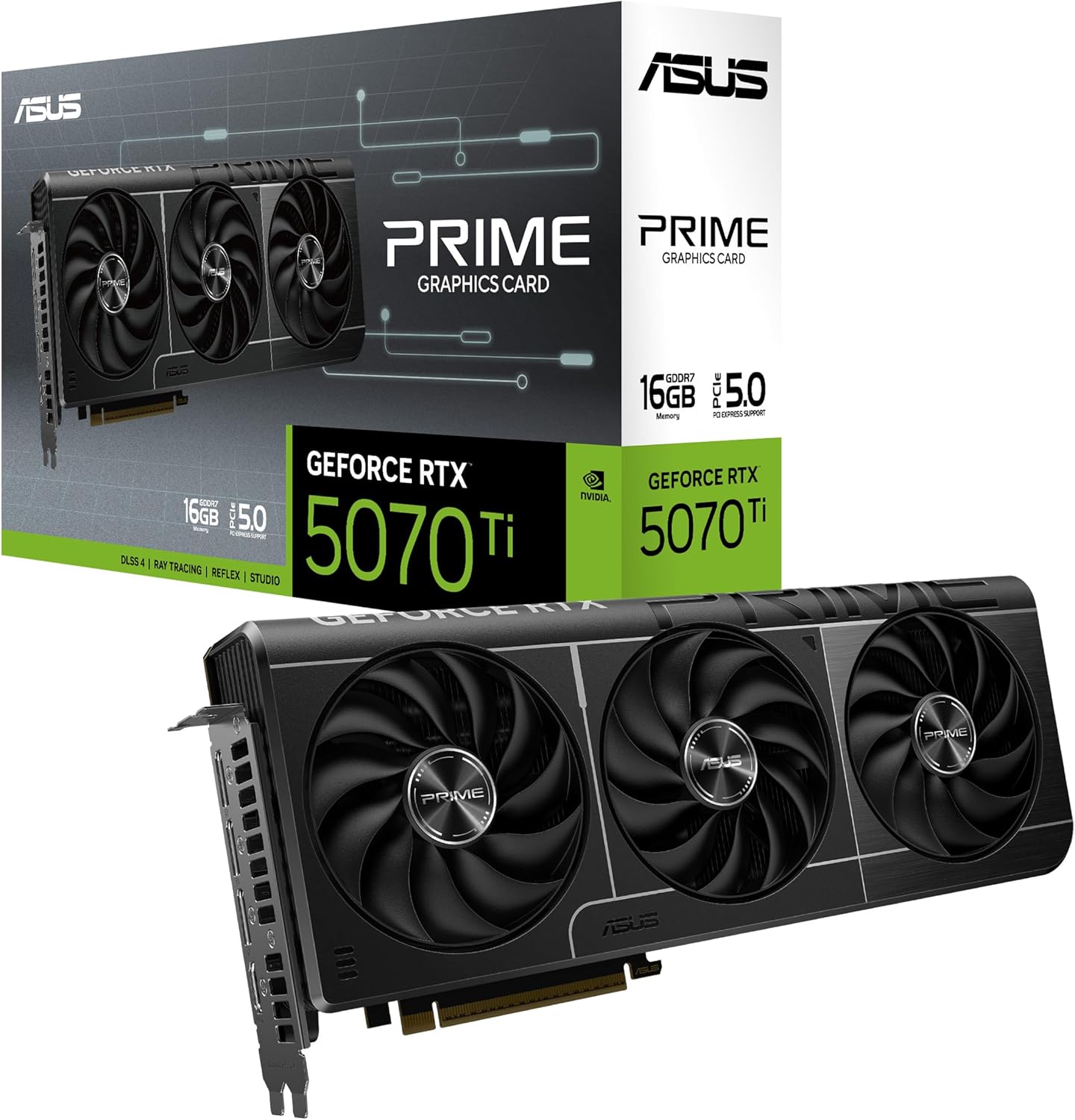 ASUS SFF-Ready Prime GeForce RTX™ 5070 Ti 16GB GDDR7 グラフィックスカード (PCIe® 5.0、16GB GDDR7、HDMI®/DP 2.1、2.5スロット、Axial-techファン、デュアルBIOS)。