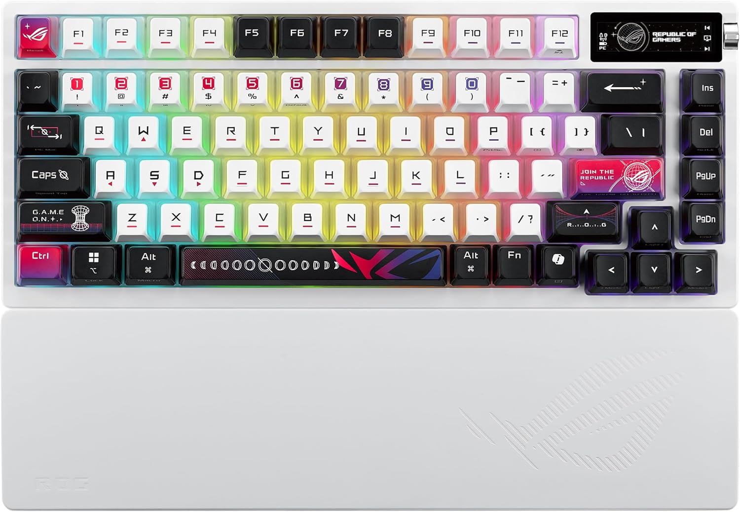 ASUSゲーミングキーボード/ROG Azoth X/75%カスタム/ホットスワップ対応ROG NXメカニカルスイッチV2/半透明昇華印刷キーキャップ/金属製トップカバー/ガスケットマウント/5層ダンピングフォーム/FR4ポジショニングプレート/南向きPCB/2.4GHz/トライモード接続/有機ELディスプレイ/3方向コントロールノブ/リストレスト/3段階角度調整/Mac対応/国内正規品