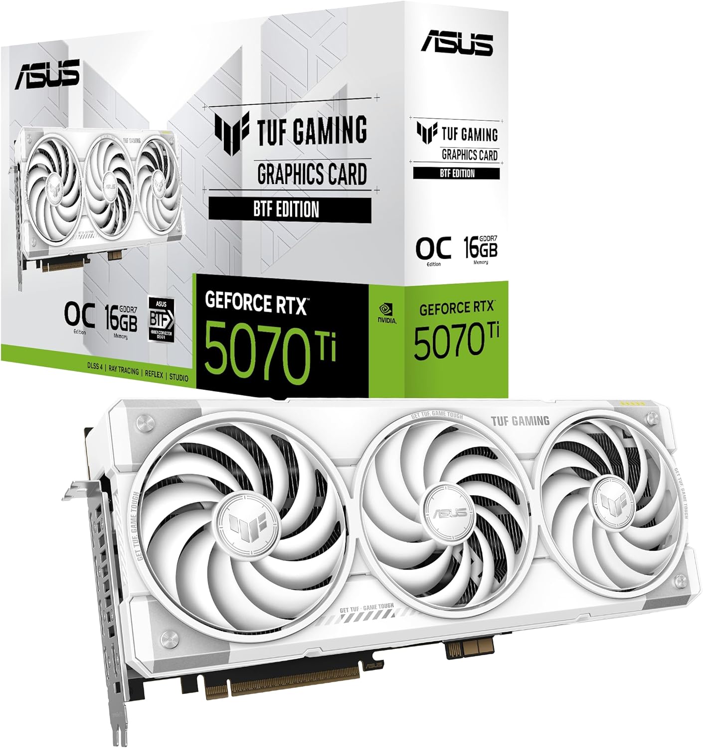 ASUS TUF Gaming GeForce RTX 5070 Ti 16GB GDDR7 BTF ホワイト OC Edition ゲーミンググラフィックスカード (PCIe 5.0、HDMI/DP 2.1、3.125スロット、ミリタリーグレードのコンポーネント、取り外し可能なGC-HPWRアダプター付き)