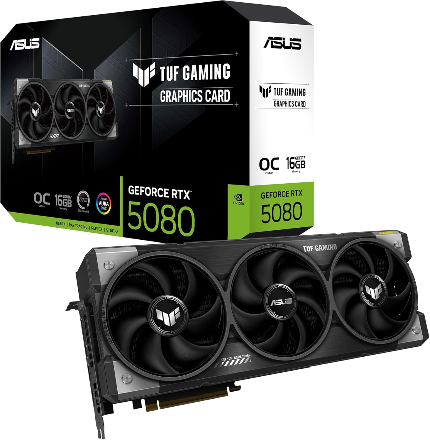 ASUS TUF Gaming GeForce RTX 5080 16GB GDDR7 ゲーミンググラフィックスカード (PCIe 5.0、HDMI/DP 2.1、3.6スロット、ミリタリーグレードコンポーネント、保護PCBコーティング、Axialtechファン、蒸気室)。