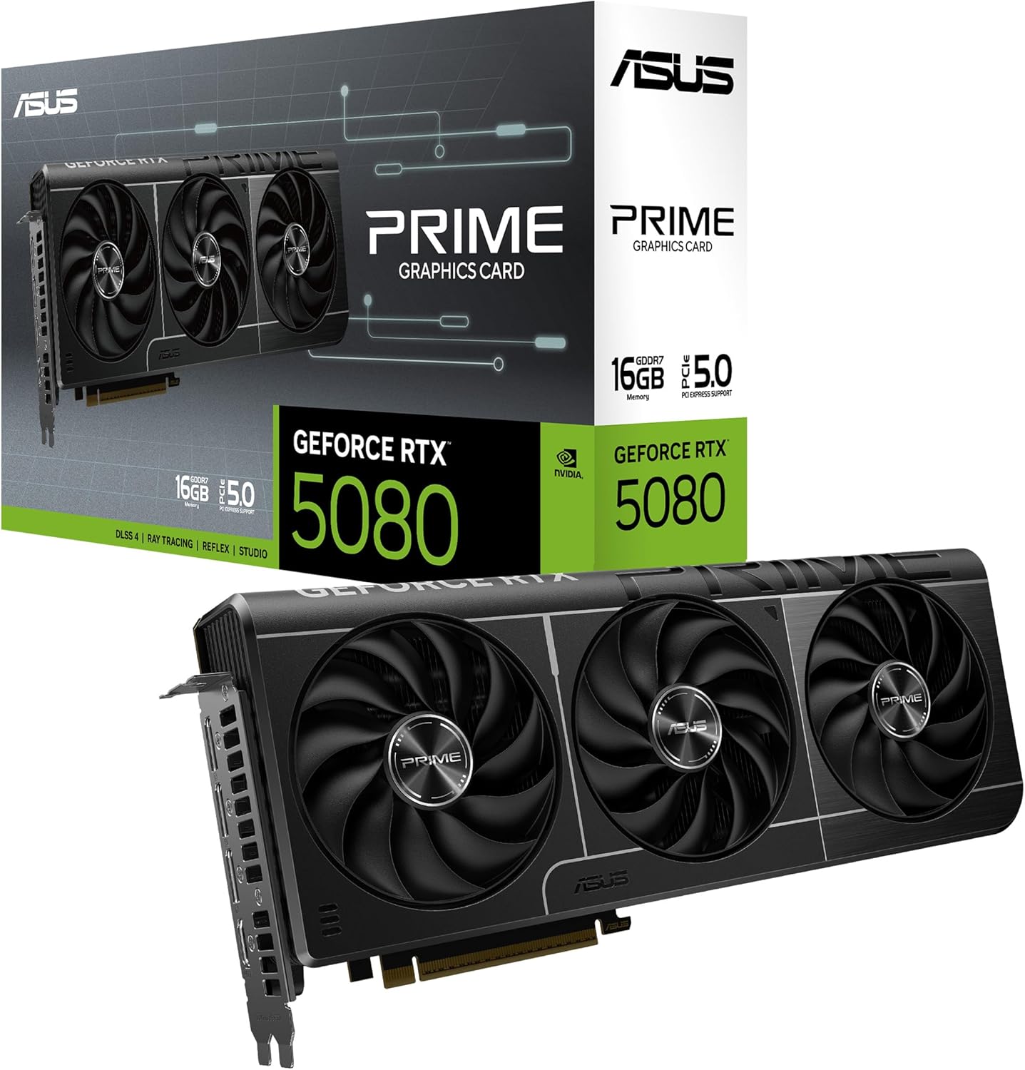 ASUS NVIDIA GeForce RTX 5080 グラフィックカード - 16GB GDDR7-7680 x 4320-2.62 GHz ブーストクロック - 256ビットバス幅 - PCI Express 5.0 - DisplayPort - 3 x DisplayPort - HDMI。