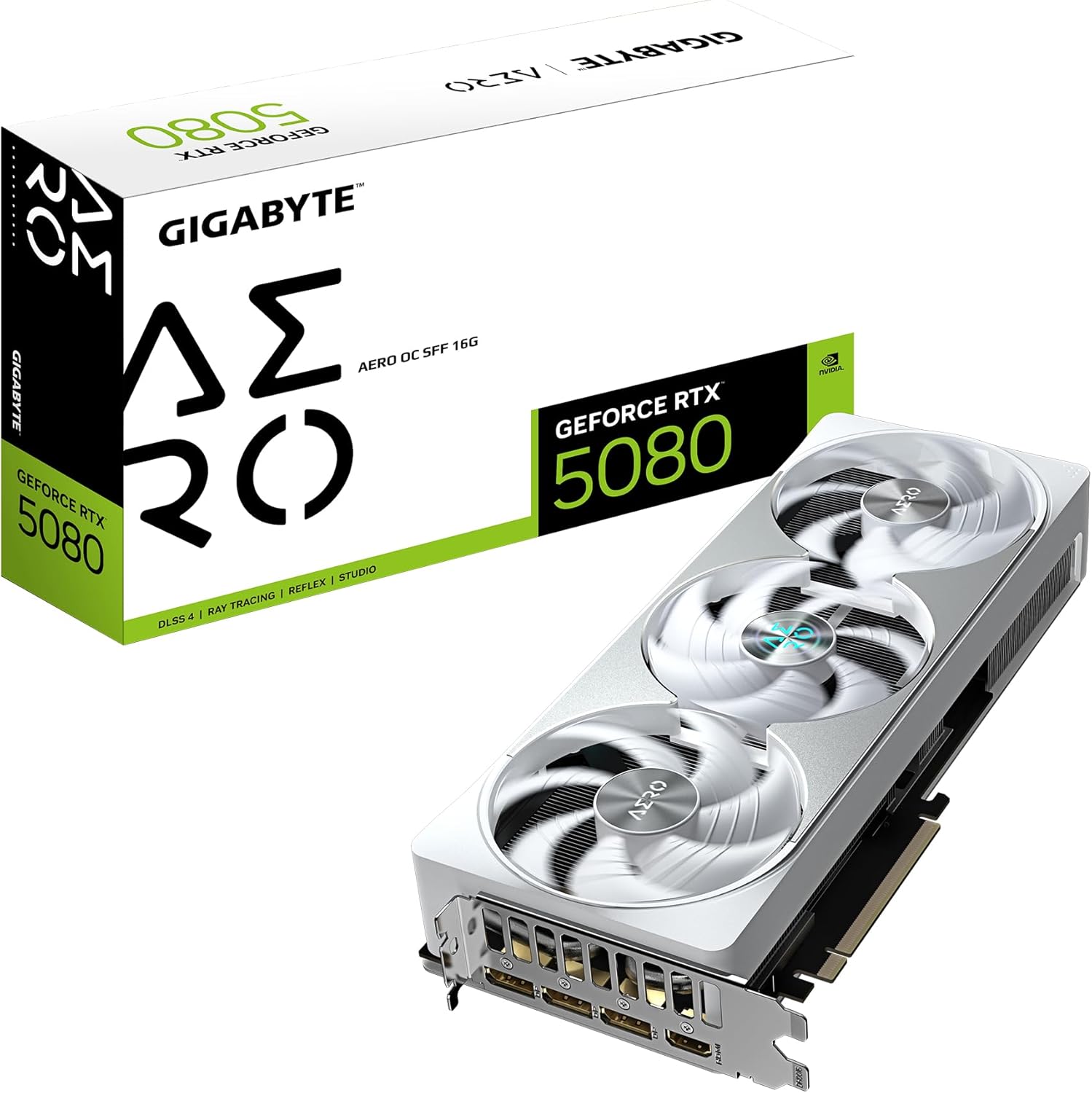 Gigabyte GeForce RTX 5080 AERO OC SFF 16G グラフィックスカード - 16GB GDDR7、256ビット、PCI-E 5.0、2730MHzコアクロック、ディスプレイポート3個、HDMI1個、GV-N5080AERO OC-16GD。