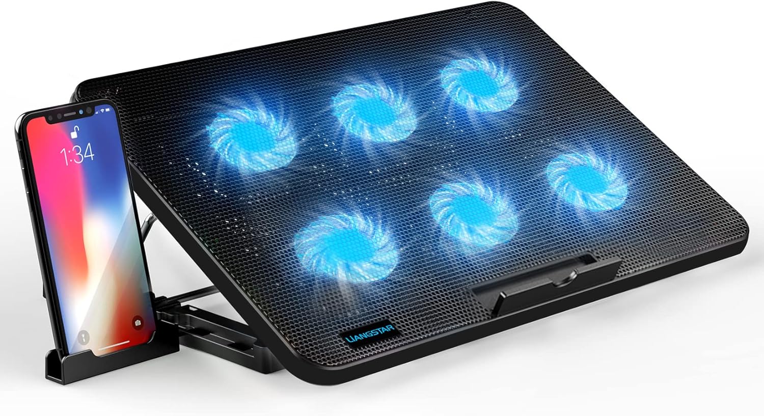 LiANGSTAR ノートパソコン冷却パッド ６つ冷却ファン ノートPCクーラー 7段階高さ 角度調整 風量調節 冷却台 2つUSBポート 静音 スマホンスタンド付き 最大17.3インチまで対応 (Blue)