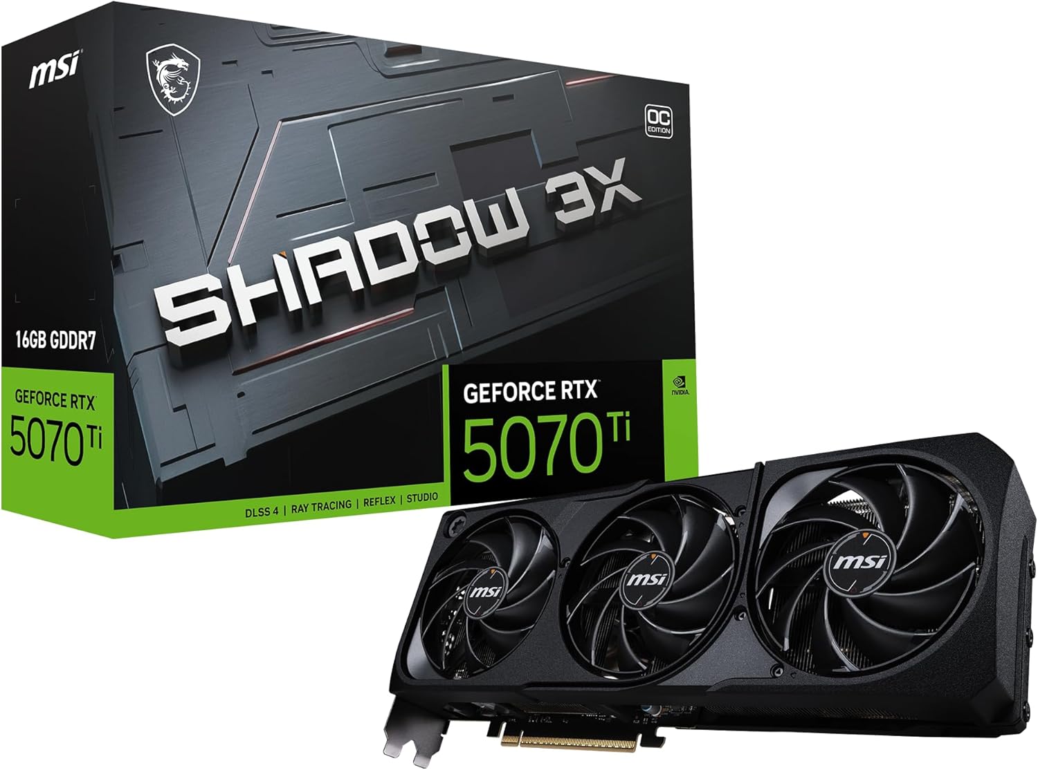 MSI Gaming RTX 5070 TI 16G Shadow 3X OC グラフィックスカード (16GB GDDR7、256ビット、究極のパフォーマンス:2497MHz、DisplayPort x3 2.1a、HDMI 2.1b、NVIDIA Blackwell Architecture)