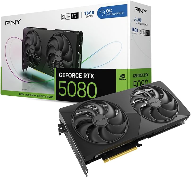 PNY NVIDIA GeForce RTX™ 5080 スリムデュアルファン、デュアルスロットOCグラフィックスカード(16GB GDDR7、SFF-Ready、256ビット、ブースト速度:2730MHz、PCIe® 5.0、HDMI®/DP 2.1、NVIDIA Blackwellアーキテクチャ、DLSS 4.5)。