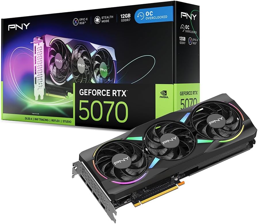 PNY GeForce RTX™ 5070 12GB ARGB OC トリプルファン グラフィックスカード DLSS 4。