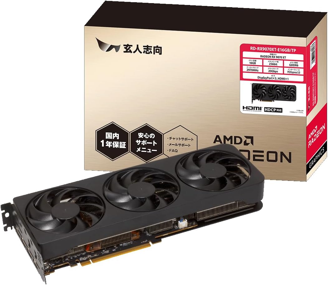 玄人志向 AMD Radeon RX 9070 XT 搭載 グラフィックボード 16GB トリプルファン 【国内正規品】 RD-RX9070XT-E16GB/TP