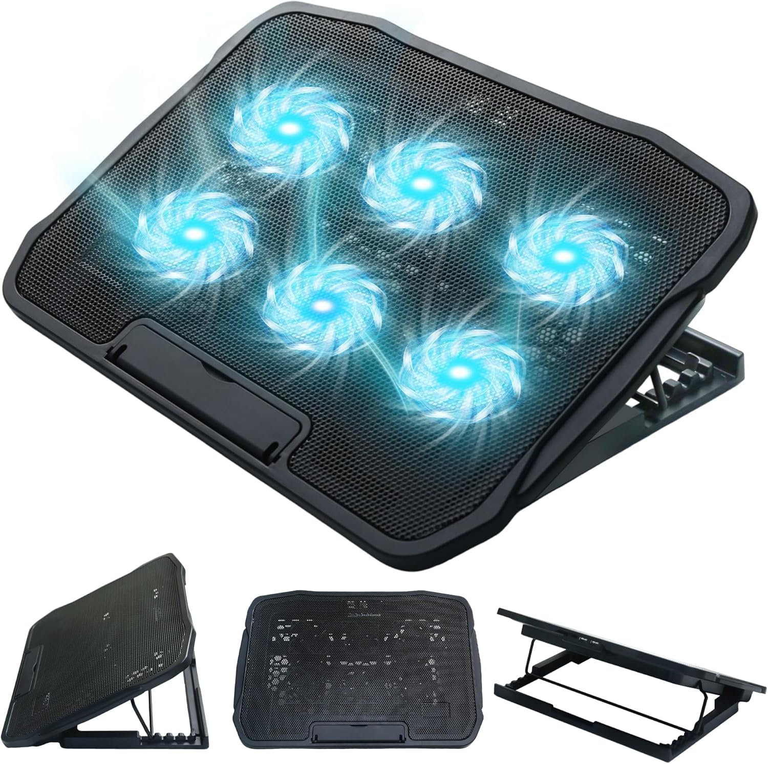 ノートパソコン 冷却パッド 冷却ファン ノートpc 冷却 ポータブルクーラー laptop cooling pad 冷却台 6つ冷却ファン搭載 5段階高度調整可 風量調節可 大風量・低騒音 ２つUSBポート付 メタルメッシュデザイン 滑り止め付き ledストリップライト付 9-17インチまでのノートPC/Macbook/等に対応 オフィス/在宅勤務/出張などに適用